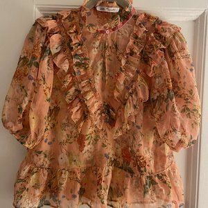Zara Floral Ruffle Blouse - Peach and Green